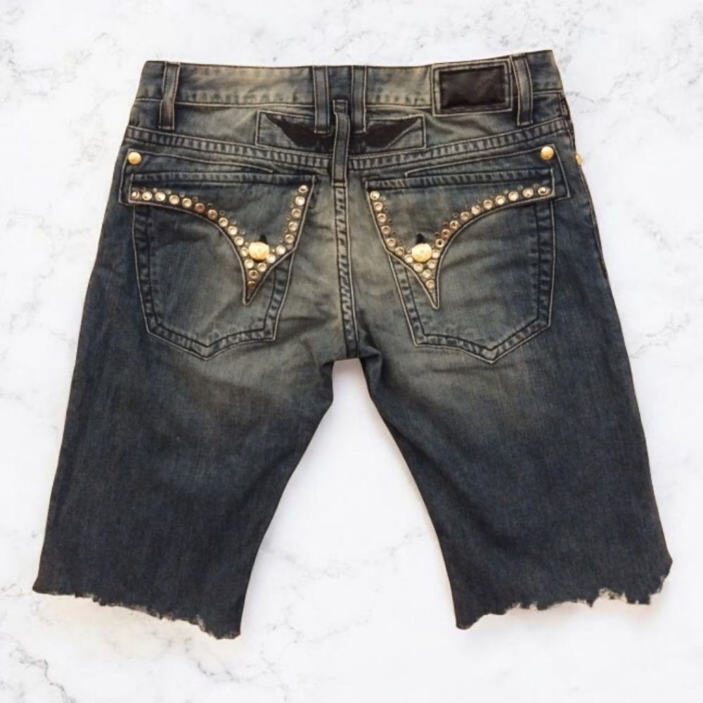 Robin's Jeans Cutoff Shorts Denim Long Flap Pocket Gold Plated Buttons Rivets